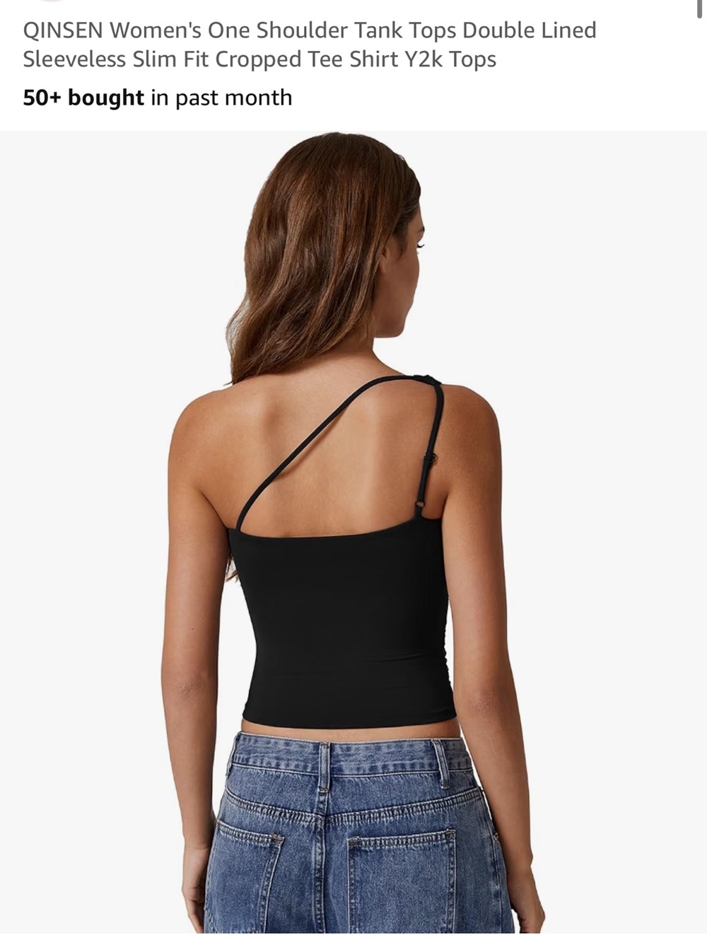 QINSEN Asymmetric One-Shoulder Black Cropped Camisole